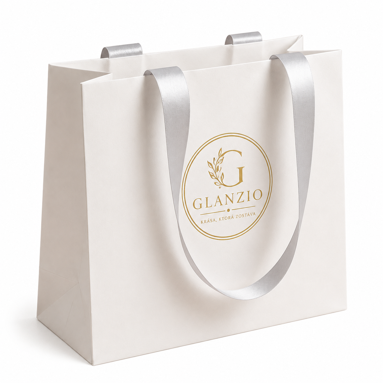 Glanzio darčeková taška biela so šedou stuhou 82283